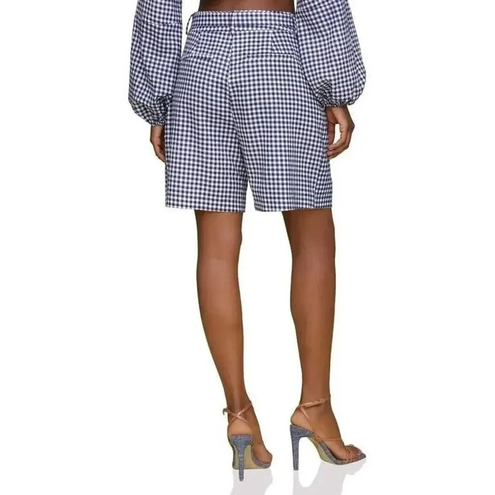New Avec Les Filles Gingham Linen Blend Belted Shorts Navy Blue White Size 8